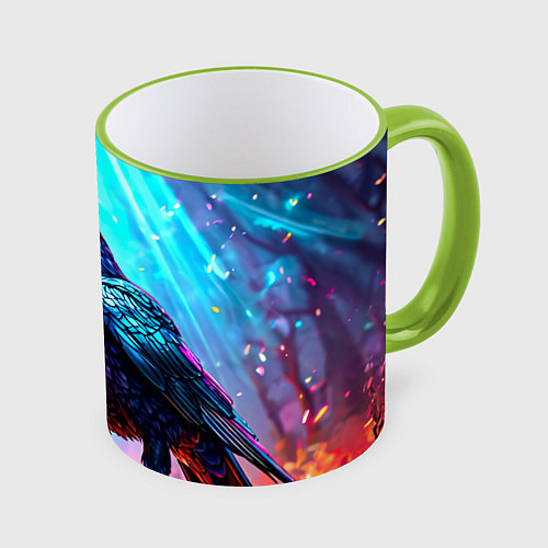 Кружка цветная Черный ворон в неоне / 3D-Светло-зеленый кант – фото 1