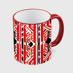 Кружка 3D Бело-красные техно полосы на чёрном фоне, цвет: 3D-красный кант