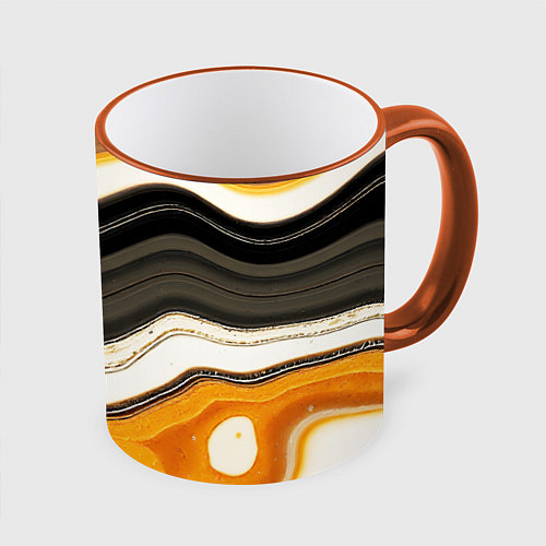 Кружка цветная Волнистые чёрно-жёлтые полосы на белом фоне / 3D-Оранжевый кант – фото 1