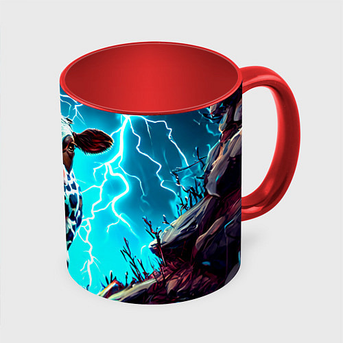 Кружка цветная Корова в разрядах молнии / 3D-Белый + красный – фото 1