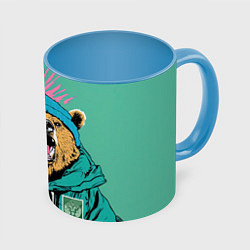 Кружка 3D Злой медведь в зимней одежде, цвет: 3D-белый + небесно-голубой