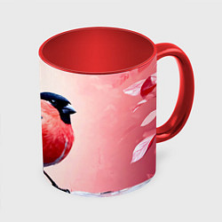 Кружка 3D Снегирь на розовом, цвет: 3D-белый + красный