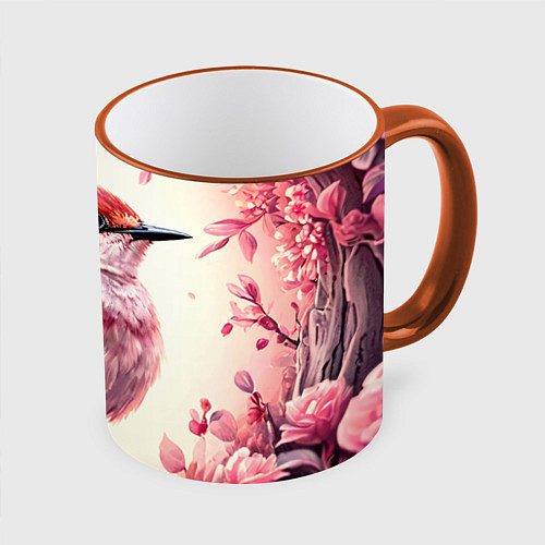 Кружка цветная Кукушка в розовых цветах / 3D-Оранжевый кант – фото 1