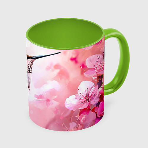 Кружка цветная Колибри на розовом / 3D-Белый + светло-зеленый – фото 1