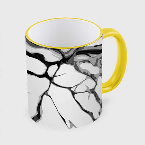 Кружка цветная Чёрные абстрактные полосы на белом фоне / 3D-Желтый кант – фото 1