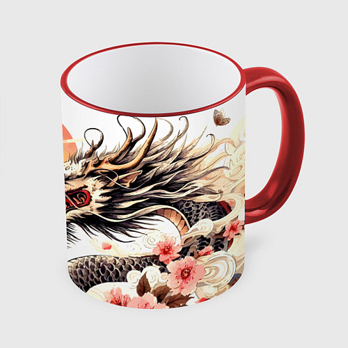 Кружка цветная Японский дракон и солнце / 3D-Красный кант – фото 1