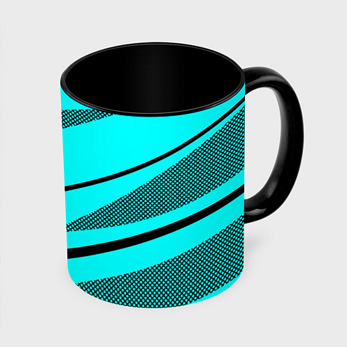 Кружка цветная Неоновый голубой с чёрным абстракция с полосой / 3D-Белый + черный – фото 1