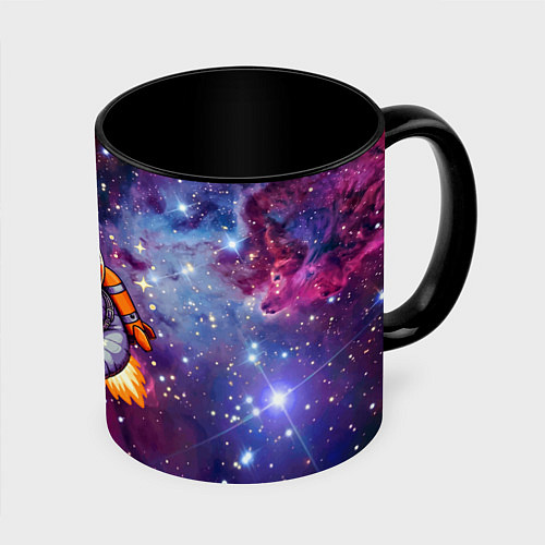 Кружка цветная Котик космонавт в открытом космосе / 3D-Белый + черный – фото 1