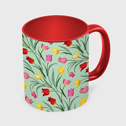 Кружка 3D Тюльпаны цветочный паттерн на светло-зелёном фоне, цвет: 3D-белый + красный