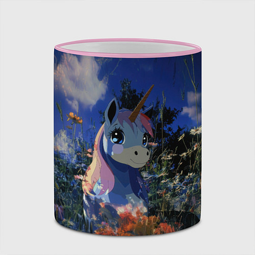 Кружка цветная Синий единорог в кустах / 3D-Розовый кант – фото 2