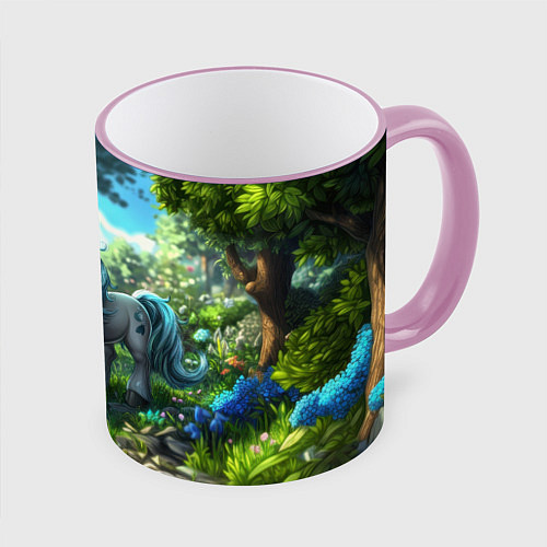 Кружка цветная Единорожка в дневном лесу / 3D-Розовый кант – фото 1