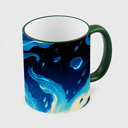 Кружка 3D Бело-синее пламя из абстрактных красок, цвет: 3D-зеленый кант
