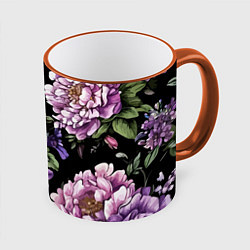 Кружка 3D Пионы и сирень старинный узор, цвет: 3D-оранжевый кант