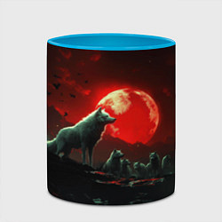 Кружка 3D Белый волк на фоне красной луны, цвет: 3D-белый + небесно-голубой — фото 2