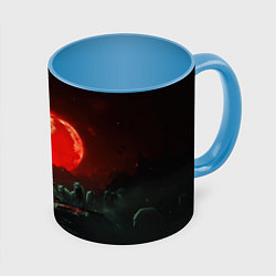 Кружка 3D Белый волк на фоне красной луны, цвет: 3D-белый + небесно-голубой