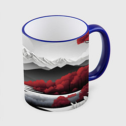 Кружка 3D Белые горы и красные деревья, цвет: 3D-синий кант
