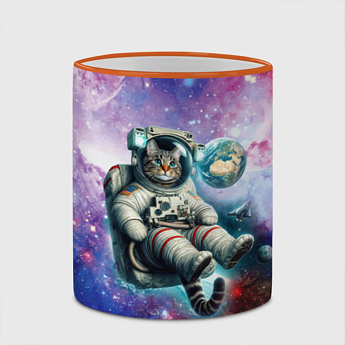 Кружка цветная Brave cat in space - ai art / 3D-Оранжевый кант – фото 2
