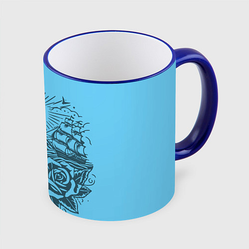 Кружка цветная Маяк с розами и кораблем / 3D-Синий кант – фото 1