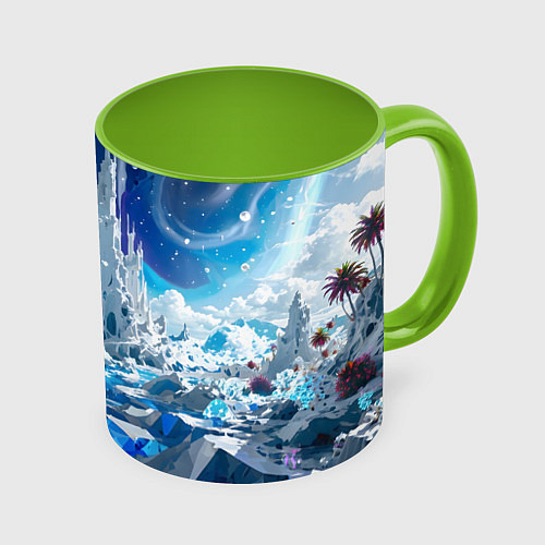 Кружка цветная Космический фантастический пейзаж / 3D-Белый + светло-зеленый – фото 1