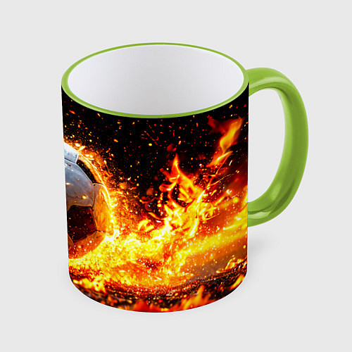 Кружка цветная Футбольный мяч в огне / 3D-Светло-зеленый кант – фото 1