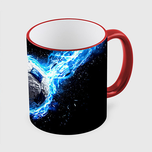 Кружка цветная Футбольный мяч в синем пламени / 3D-Красный кант – фото 1