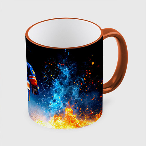Кружка цветная Хоккеист в синем пламени / 3D-Оранжевый кант – фото 1