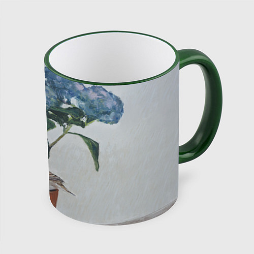 Кружка цветная Спящий воробушек на гортензии / 3D-Зеленый кант – фото 1