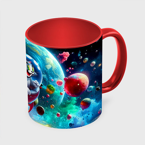 Кружка цветная Том и Джерри летят в ракете - нейроарт / 3D-Белый + красный – фото 1