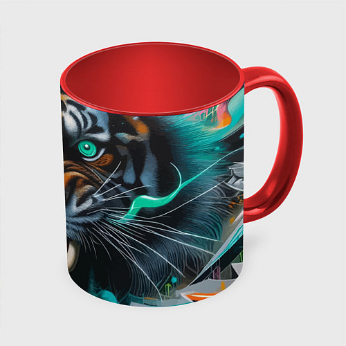 Кружка цветная Морда свирепого тигра - нейроарт / 3D-Белый + красный – фото 1
