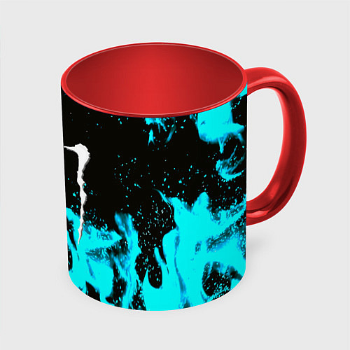 Кружка цветная Monster energy голубой огонь / 3D-Белый + красный – фото 1
