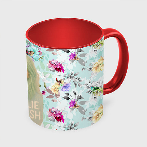 Кружка цветная Билли Айлиш на фоне цветов / 3D-Белый + красный – фото 1