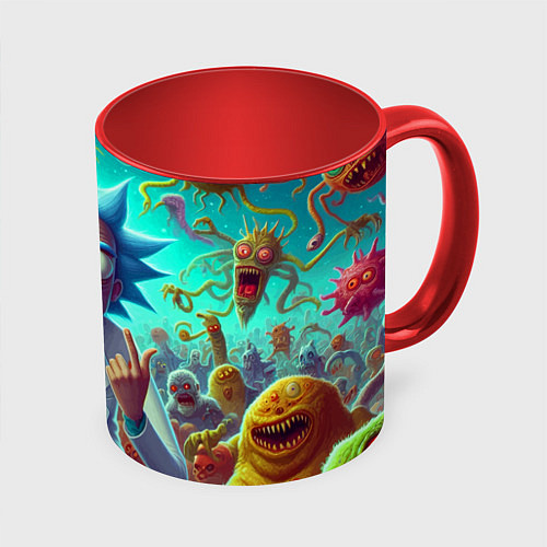 Кружка цветная Рик Санчес в окружении сказочных монстров - нейроа / 3D-Белый + красный – фото 1