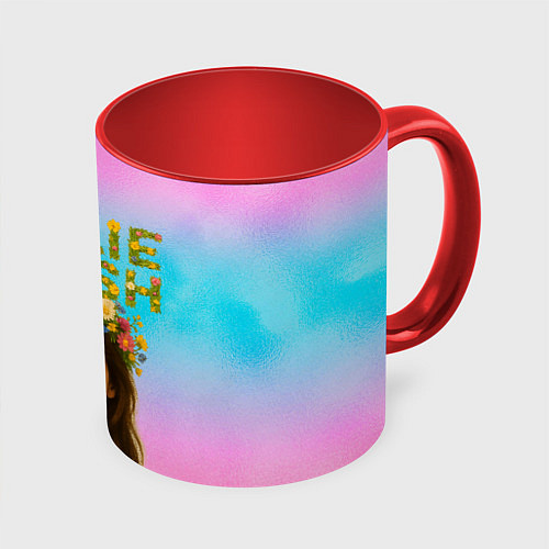 Кружка цветная Билли Айлиш с цветочным венком на голове / 3D-Белый + красный – фото 1