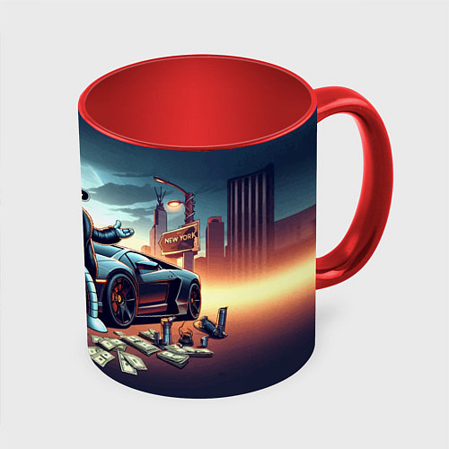 Кружка цветная Бендер рядом с Ламбо и рассыпанным баблом / 3D-Белый + красный – фото 1