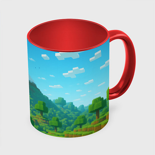 Кружка цветная Пейзаж Minecraft с горой со снежной шапкой / 3D-Белый + красный – фото 1