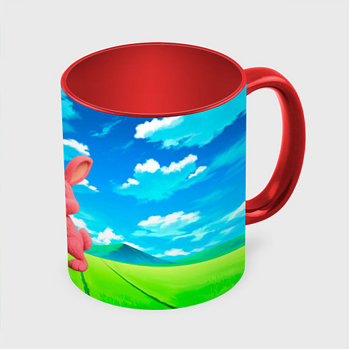 Кружка цветная Розовый заяц с мечом из морковки / 3D-Белый + красный – фото 1