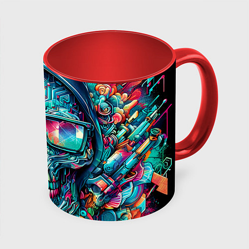 Кружка цветная Кибер череп в балахоне и очках - нейроарт фантазия / 3D-Белый + красный – фото 1
