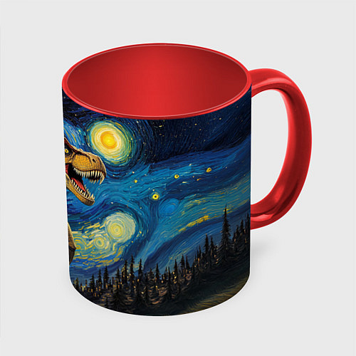 Кружка цветная Звездная ночь - Тираннозавр / 3D-Белый + красный – фото 1