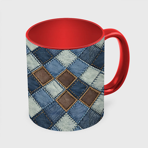 Кружка цветная Джинсовый пэчворк ромбовый узор / 3D-Белый + красный – фото 1