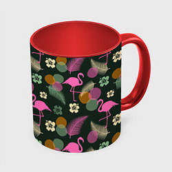 Кружка 3D Фламинго и листья на темно-зеленом, цвет: 3D-белый + красный