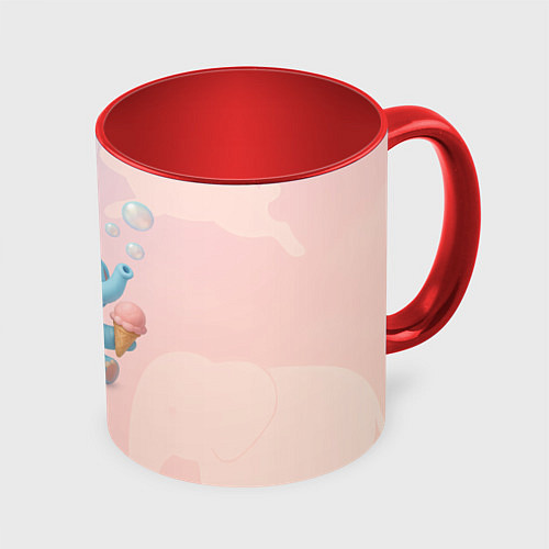 Кружка цветная Маленький слоненок с мороженым пускает пузыри / 3D-Белый + красный – фото 1