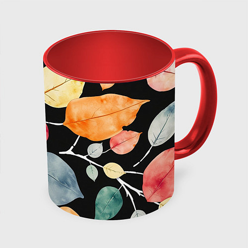 Кружка цветная Разноцветные акварельные листья на чёрном, AI / 3D-Белый + красный – фото 1