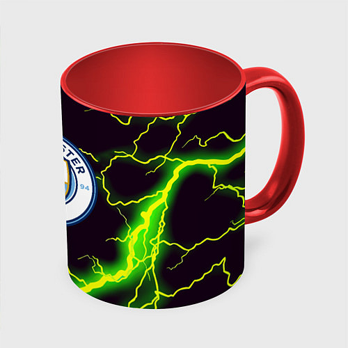 Кружка цветная Манчестер сити зелёный шторм / 3D-Белый + красный – фото 1