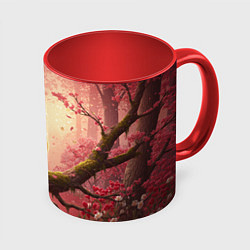 Кружка цветная Желтая птица в розовом цветущем лесу