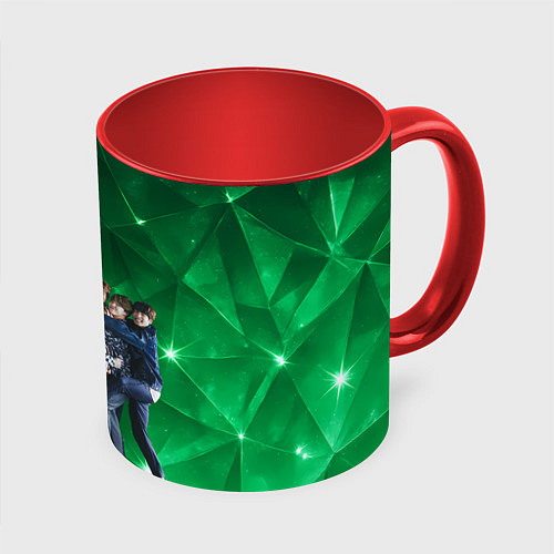 Кружка цветная BTS весь состав зеленый фон / 3D-Белый + красный – фото 1