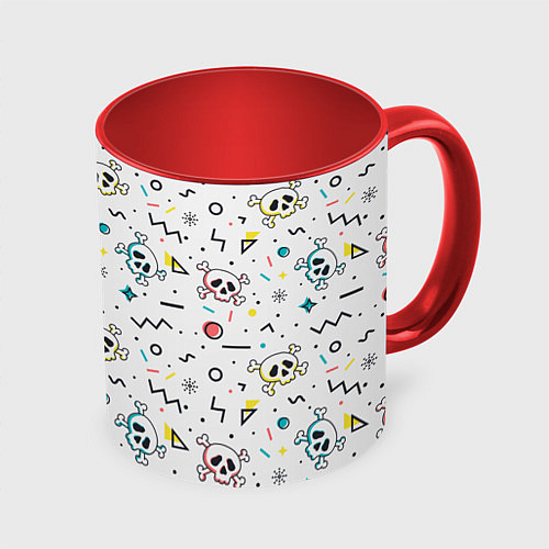 Кружка цветная Паттерн с черепами и геометрическими фигурами на Х / 3D-Белый + красный – фото 1