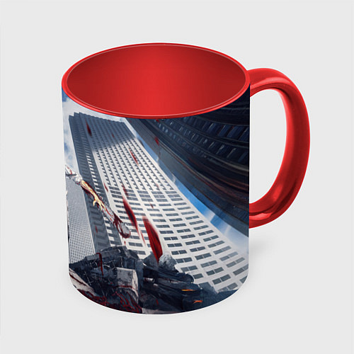 Кружка цветная Denji in city Chainsaw man / 3D-Белый + красный – фото 1