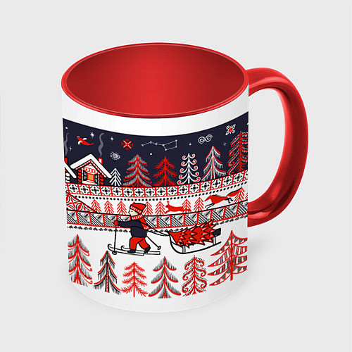 Кружка цветная Новогодняя мезенская роспись / 3D-Белый + красный – фото 1