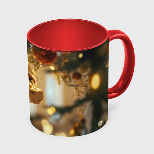 Кружка цветная Лошадка любуется елочным шаром / 3D-Белый + красный – фото 1