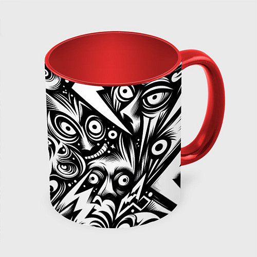 Кружка цветная Lightnings and faces - ai art fantasy / 3D-Белый + красный – фото 1